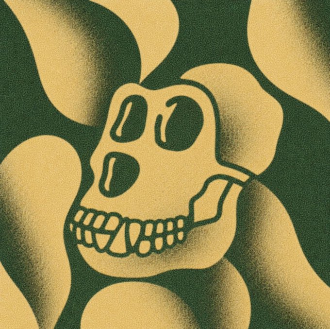 The image features a skull with two teeth, set against a green background that appears to be a pattern of lines or swirls. The skull is positioned centrally within the frame, drawing attention to its unique design. The surrounding area has a greenish hue, possibly due to a gradient effect or a patterned surface. The post includes text that reads "GM bored ape yacht club". This suggests that the image might be related to an event or gathering at the GM bored apes yacht club.

The skull is the main focus of the image and stands out against the green background, creating a striking contrast between the organic form of the skull and the geometric pattern it's set against. The overall composition of the image seems to be artistic and visually appealing, with the skull as the central subject that captures the viewer's attention.