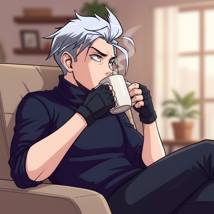 Anime-style illustration of a white-haired man with a serious expression wearing fingerless gloves and a black shirt, drinking from a white mug while sitting on a couch.
