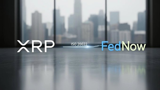 The same graphic as the first image, showing the XRP logo connected by an ISO 20022 line to the FedNow logo against a blurred city skyline.