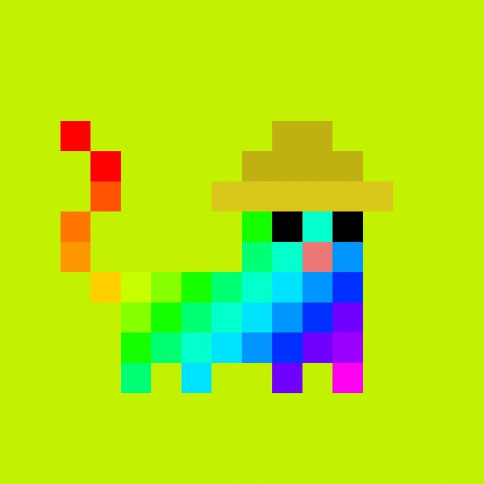A pixel art illustration of a colorful cat with a rainbow gradient body wearing a tan hat against a bright green background.