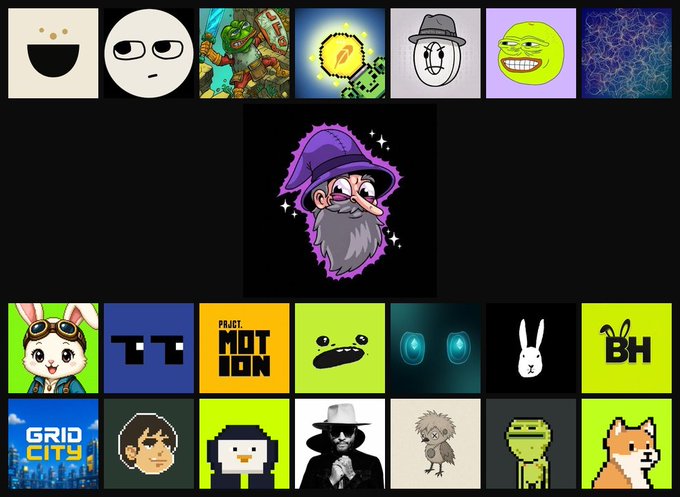 A collage featuring a central cartoon wizard in a wizard hat surrounded by a border of various cartoon avatars and logos including 'TT', 'PRACY MOT ION', 'GRID CITY', and a shiba inu.