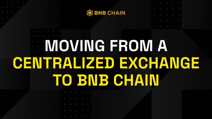 A BNB Chain blog header in black, white, and yellow reads "MOVING FROM A CENTRALIZED EXCHANGE TO BNB CHAIN," with the BNB Chain logo at the top, visually introducing a guide on transitioning from centralized platforms to self-custody and on-chain activity—matching the post's call-to-action to learn how to hold your own keys, then swap, earn, and manage stablecoins on BNB Chain.