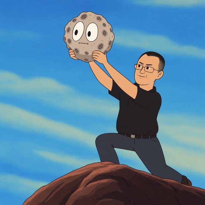 An animated illustration shows a man on a mountain peak holding up a cartoon moon with a face, symbolizing the planetary/celestial theme. The image visually represents the post's excitement about planet-themed crypto coins like $MARSCOIN and $4vesta, with the "moon" character embodying the bullish sentiment that these coins will "kickstart" the BNB season and "run hard."