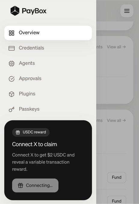 A screenshot of the PayBox app interface showing a navigation menu and a USDC reward prompt to 'Connect X to claim'.