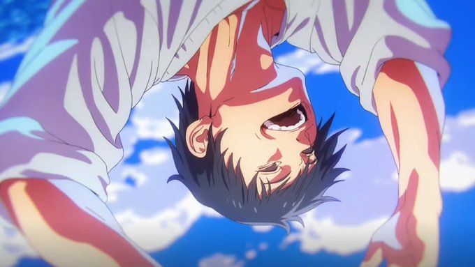 An anime character with dark hair is shown upside-down against a blue sky, looking down with a distressed expression. The post's comment about "charts" appears ironic or unrelated, as the image contains no charts or financial data—just an emotional anime scene.