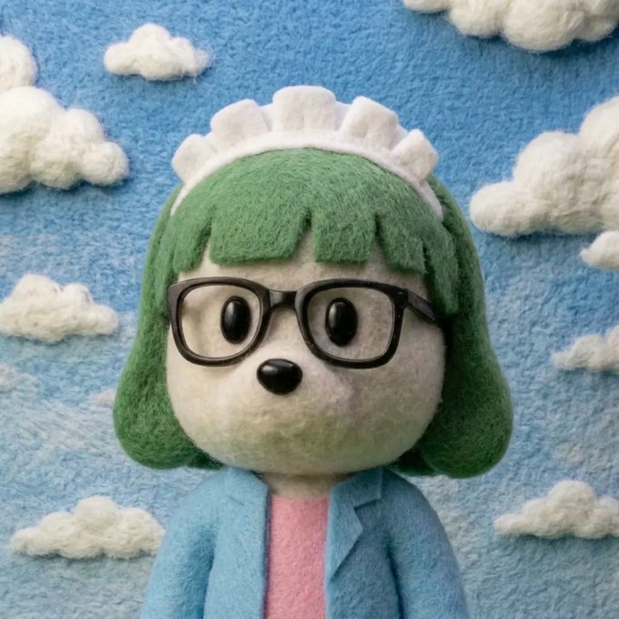 A custom needle-felted figurine of a green-haired dog with glasses and a maid headband, set against a sky-blue felt background with white clouds, representing the "$pongo" NFT. The handmade plush serves as a physical tribute to the poster's unique crypto collectible, celebrating an all-time high milestone for the @Pongorh project.