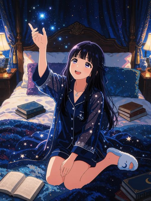 An anime-style illustration of a girl with long dark hair wearing star-patterned pajamas, sitting on a bed and reaching up to touch glowing, star-like sparkles floating in the air.