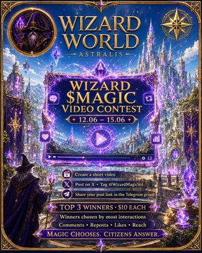 The image features an advertisement for a video contest called "WIZARD $MAGE $MAGIC VIRUS". The title of the contest is "WIZARD $MAGIC VIRUS" and the judging criteria include creating a short video about Wizard World, Astralis, and $MAGIC. In order to enter the contest, one must answer the question: "Top 3 winners chosen by most interactions? Share your post ?". The winner will receive $10 in $MAGIC, while third place and second place both win $5 in $MAGIC. Additionally, there is a post that offers $50 in $MAGIC as an exclusive reward for those who answer the contest correctly.