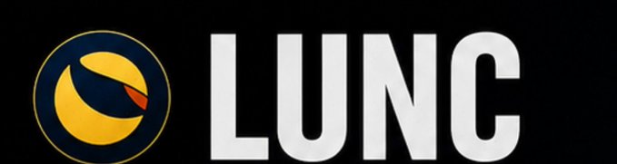 The LUNC (Terra Classic) cryptocurrency logo featuring a stylized yellow and blue crescent design next to the white text 'LUNC' on a black background.