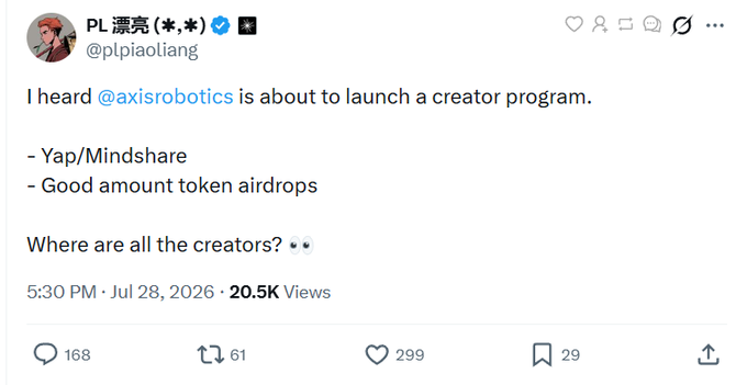 A tweet from 'PL漂亮 (*;*)' (@ptpiaoliang) reads: 'I heard @axisrobotics is about to launch a creator program. - Yap/Mindshare - Good amount token airdrops Where are all the creators? 👀', posted at 5:30 PM Jul 28, 2026 with 20.5K views.