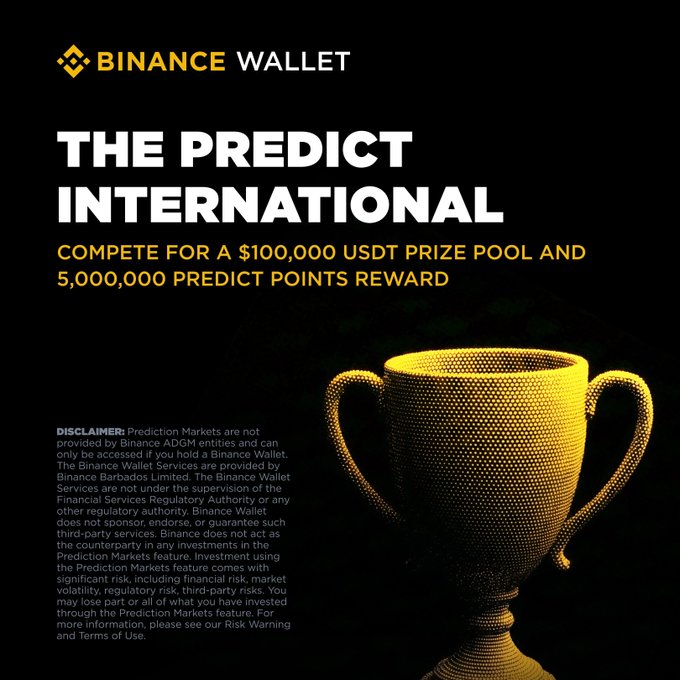 The Binance Wallet promotional image for "The Predict International" event advertises a $100,000 USDT prize pool and 5,000,000 Predict Points reward, featuring a golden trophy graphic and the Binance Wallet logo, directly supporting the accompanying post about predicting Dota 2 match outcomes.