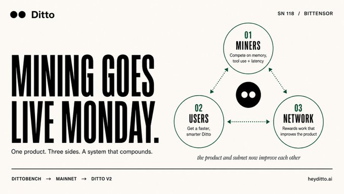 A promotional graphic for 'Ditto' announcing 'MINING GOES LIVE MONDAY.' with a diagram showing three interconnected components: 01 Miners, 02 Users, and 03 Network, explaining how the product and subnet improve each other.