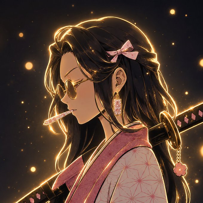 An anime-style illustration of a young woman with glasses and long dark hair, wearing a pink bow, holding a glowing katana in a starry, golden-lit setting.