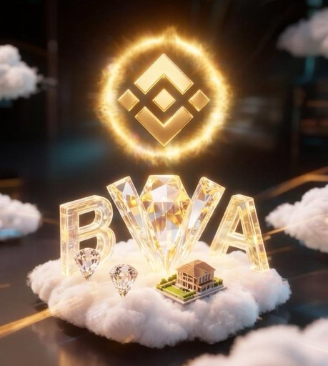 A glowing golden Binance (BNB) logo shines above crystal letters spelling "BWA" alongside diamond gems and a miniature house, all resting on fluffy clouds—visually representing the post's concept of "Binance World Asset," where real-world assets like stocks and real estate back meme tokens on BNB Chain.