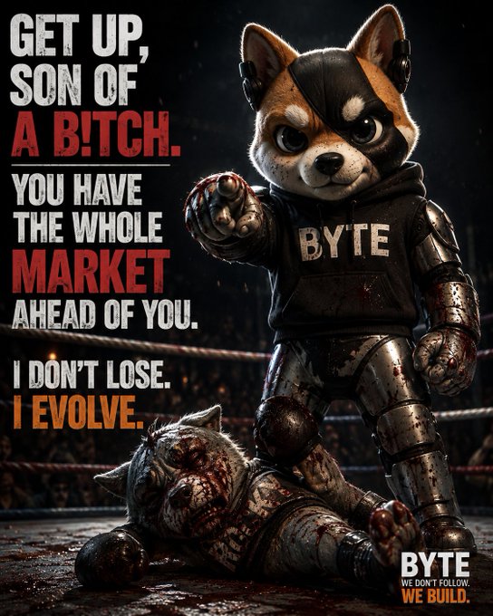 A cyborg Shiba Inu boxer, wearing a "BYTE" hoodie, stands victorious over a bloody opponent in a ring, with bold text declaring "GET UP, SON OF A B!TCH. YOU HAVE THE WHOLE MARKET AHEAD OF YOU. I DON'T LOSE. I EVOLVE." and the logo "BYTE WE DON'T FOLLOW. WE BUILD." in the corner.
