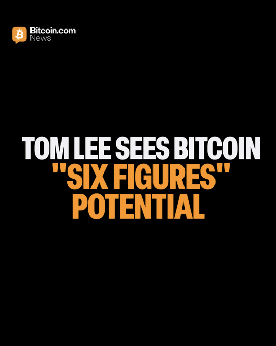 The image is a Bitcoin.com News graphic with bold text reading "TOM LEE SEES BITCOIN 'SIX FIGURES' POTENTIAL" in white and orange lettering against a black background, highlighting Fundstrat's Tom Lee's bullish Bitcoin price prediction featured in the accompanying post.