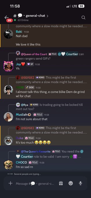 A screenshot of a Discord chat in the 'general-chat' channel shows multiple users discussing a slow mode, with messages from 'Baki', 'Joy', '@SEASET', 'Rya', 'Musliah', 'Duke', and 'CHOCO'.