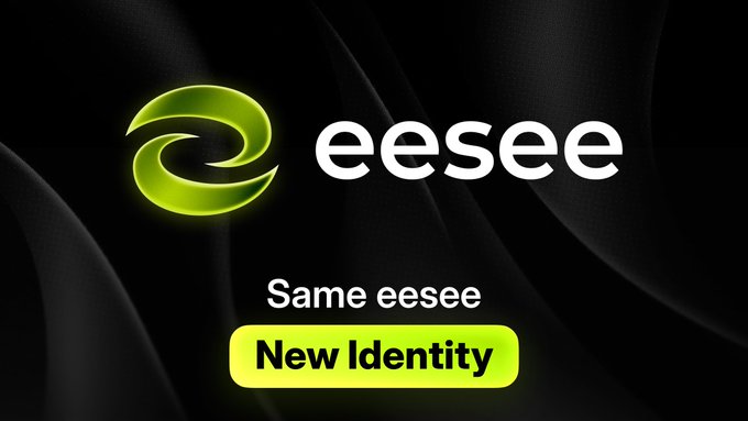 The image shows the eesee logo with a green stylized "e" emblem alongside the word "eeSee" in white text, set against a dark textured background. Below the logo, the text "Same eesee" appears above a highlighted tagline reading "New Identity," reinforcing the brand's rebranding announcement to its new logo as a unified financial hub for onchain activity.