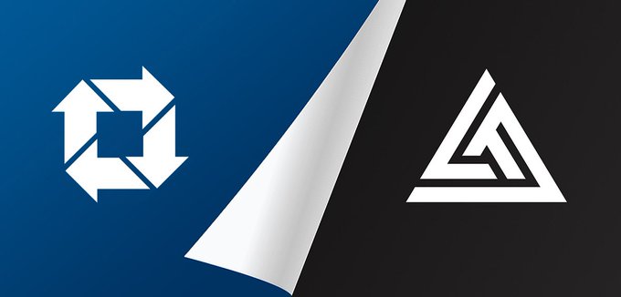 A split-screen graphic with a blue background and white interconnected arrows logo on the left, separated by a peeling page effect from a black background with a white triangular Penrose-style logo on the right.