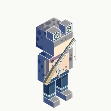 A Minecraft-style character composed of blue and gray blocks with a spiral eye pattern, holding a fishing rod and wearing a beige and pink outfit.