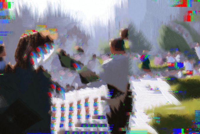 A heavily glitched, distorted image showing what appears to be an outdoor scene with people seated at tables, possibly a gathering, rendered with abstract color artifacts and pixelation.