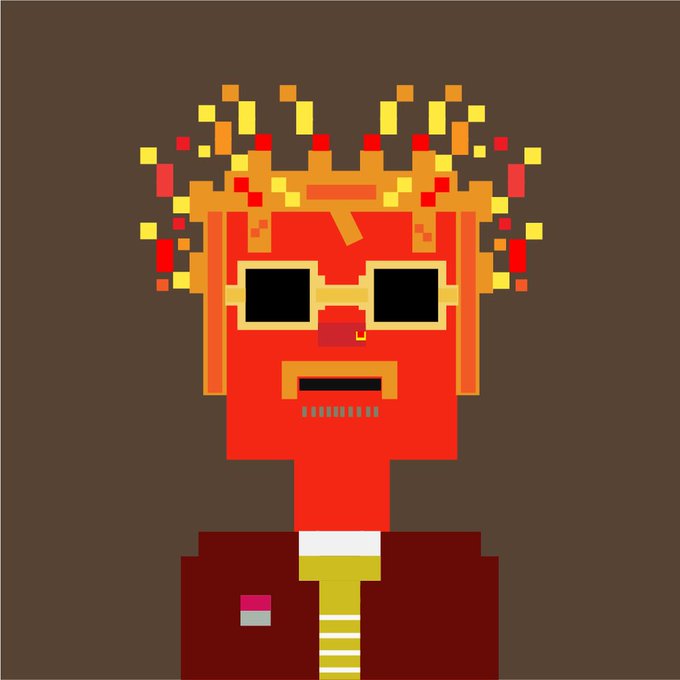 A pixel art portrait of a red-skinned figure with fiery orange and yellow hair, wearing dark sunglasses, a mustache, and a red suit jacket with a striped tie, set against a dark brown background. The bold, meme-like style evokes crypto/finance culture, fitting the post's shoutout to X for fixing the $STONKBER cashtag on Robinhood Chain.