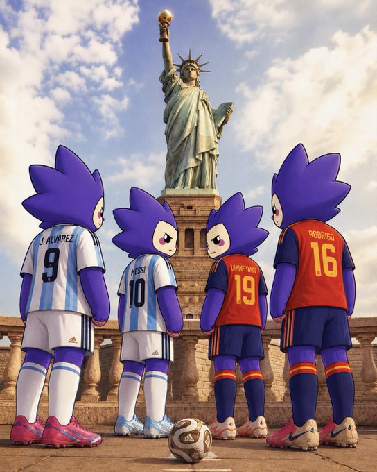 Four blue spiky-haired cartoon mascots stand facing the Statue of Liberty, with two wearing Argentina jerseys labeled "J. ALVAREZ 9" and "MESSI 10," and two wearing Spain jerseys labeled "LAMIN YAMAL 19" and "RODRIGO 16," representing the anticipated World Cup final showdown.