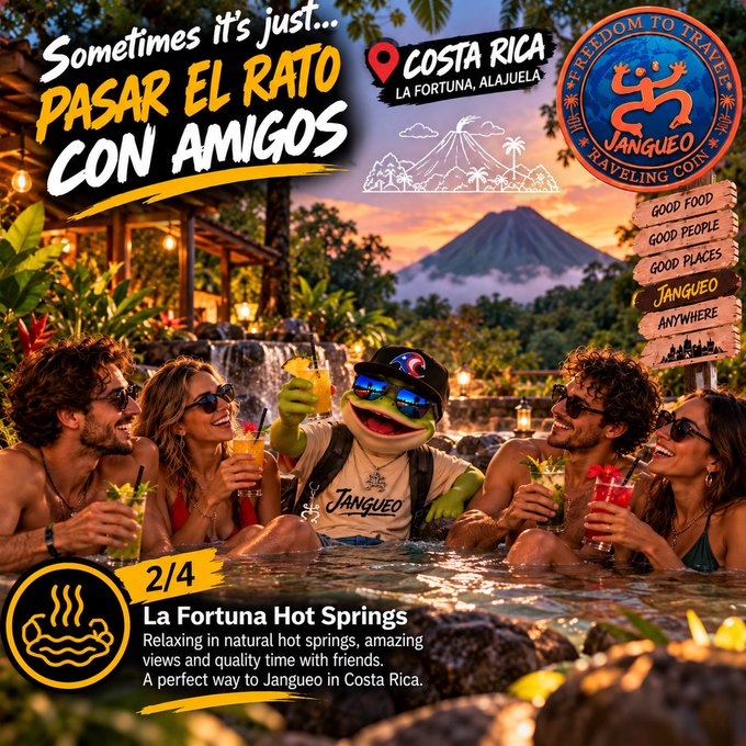 A promotional travel advertisement features a group of friends in a hot spring with a frog mascot, reading 'Pasar el Rato Con Amigos', 'Costa Rica La Fortuna, Alajuela', and 'La Fortuna Hot Springs'.