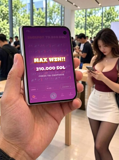 A hand holding a smartphone displaying a 'MAX WIN!! 310,000 SOL' jackpot screen, with a woman in a maroon top and white skirt standing in the background at what appears to be a store.
