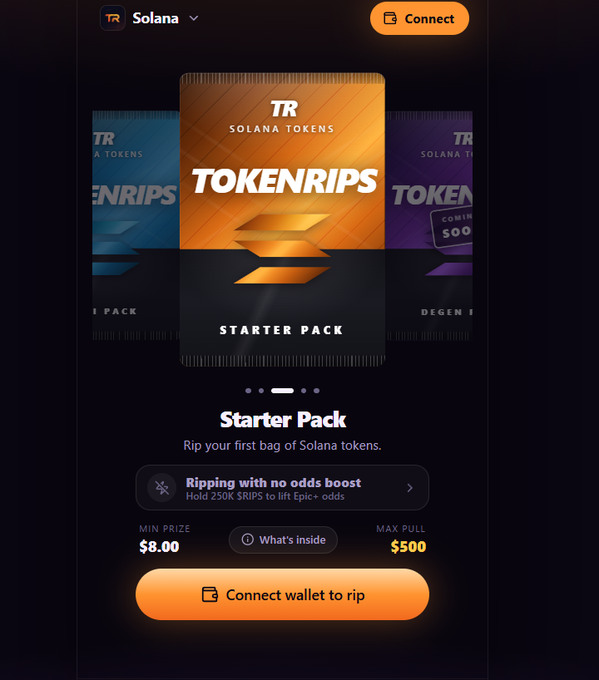The image shows a promotional poster for tokens, which are called 'TOKENRips'. The poster features three different tokens against a black background. Each token has its own distinct design and color scheme. One of the tokens appears to be a red and black combination, while the other two appear to have unique shapes or forms. 

The image also includes information about how these tokens can be used on a website called 'Solana'. The main feature is that users need to rip off their first bag of Solana tokens in order to gain access to more packs that contain various types of cryptocurrency tokens, such as 50k, 100k, 500K, and 1000K tokens. Some of the packs might have bonus tokens inside them or special offers if a user connects via the provided button located at the bottom center of the image.