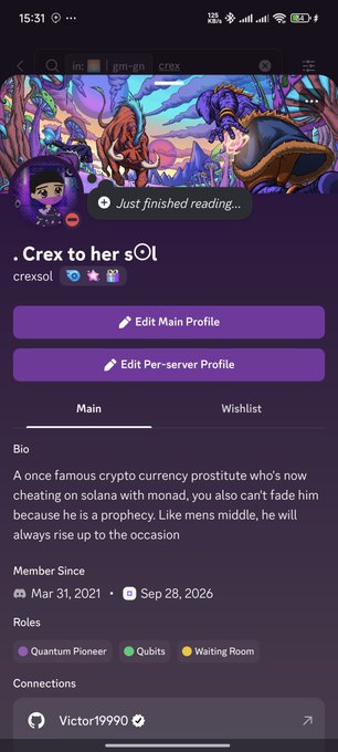 A mobile screenshot of a Discord profile for user "Crex to her s**l" displaying a colorful dragon-themed banner and a bio describing them as "A once famous crypto currency prostitute who's now cheating on solana with monad."