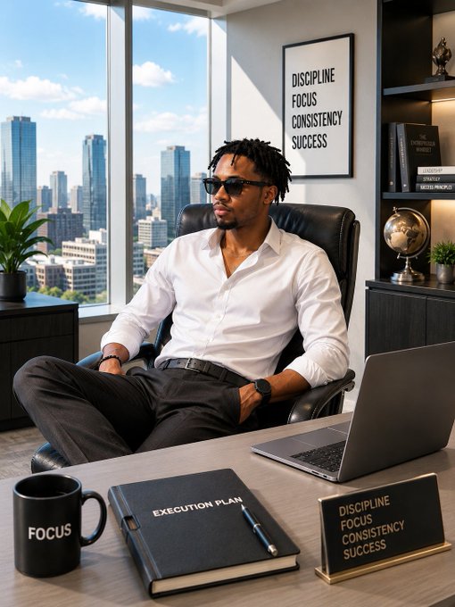 A man in a white shirt and sunglasses sits at an office desk with a 'DISCIPLINE FOCUS CONSISTENCY SUCCESS' poster, a mug labeled 'FOCUS', and an 'EXECUTION PLAN' notebook.