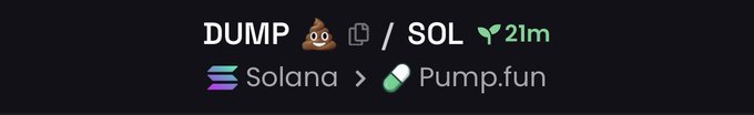Trading token header showing 'DUMP 💩 / SOL' with a 21m age indicator, built on Solana and available via Pump.fun.