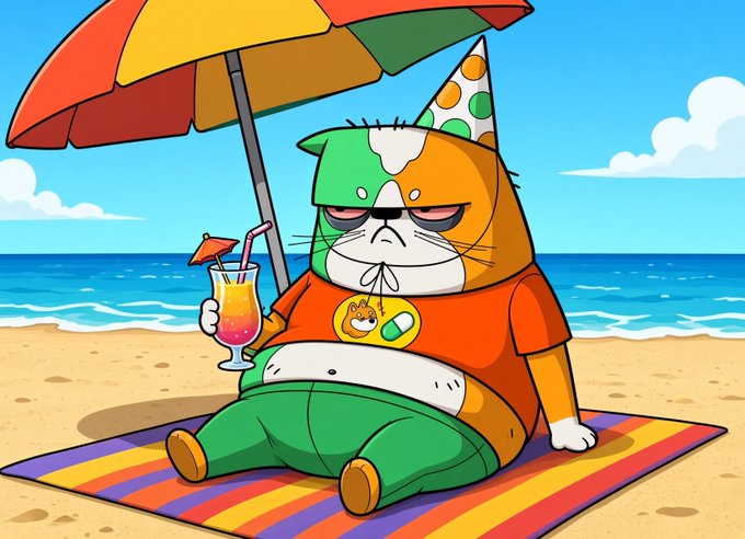 A grumpy-looking orange and white cat wearing a party hat and a t-shirt with a small cat and pill graphic sits on a striped beach towel under a colorful umbrella, holding a tropical drink. Despite being at the beach in a festive setting, the cat's unamused expression perfectly captures the "funless" mood of missing out on fun.