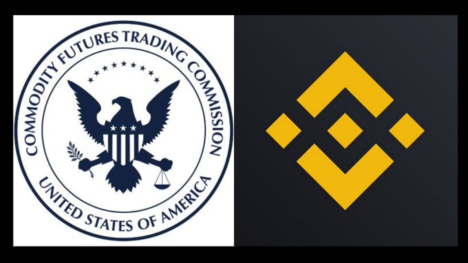 The image shows the official seal of the U.S. Commodity Futures Trading Commission (CFTC) on the left and Binance's logo on the right, visually representing Binance's move to seek a CFTC Designated Contract Market license to enter the prediction markets space.
