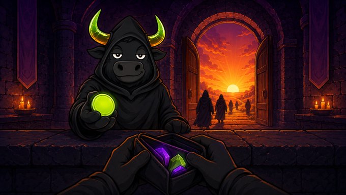 A hooded bull figure in dark robes holds a glowing green orb at a stone altar, exchanging glowing purple and green crystals with outstretched hands, while silhouetted figures walk toward a dramatic sunset through an arched doorway—evoking ritualistic worship of the "bull" that the post describes as crypto's recurring main character under the $BULLCULT ticker.