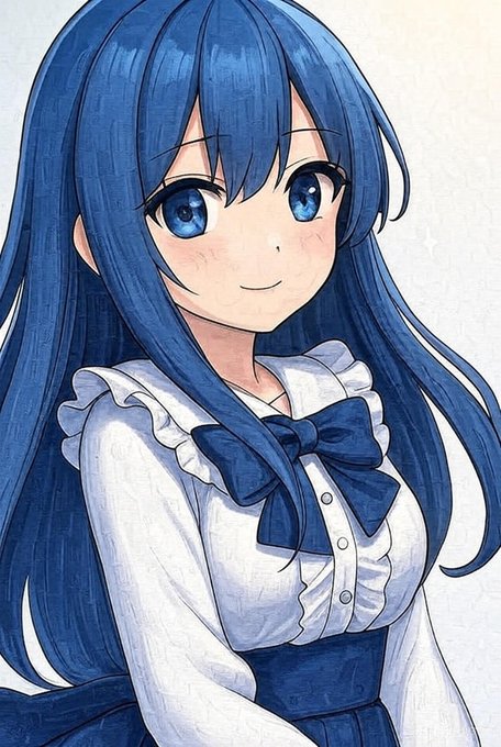 An anime-style illustration depicts a cheerful blue-haired girl in a frilly white blouse with a large blue bow, serving as the "POLY" mascot referenced in the Polymarket pre-IPO valuation post. The character's blue color scheme and cute appearance tie into the ticker symbol, while her confident smile visually reinforces the bullish "$5M = floor" sentiment.