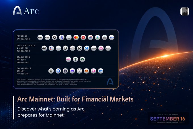 An advertisement slide for 'Arc Mainnet: Built for Financial Markets' announcing a mainnet launch on September 16, displaying logos of partner organizations categorized under funding validators, DeFi protocols, capital allocators, stablecoin payment providers, and exchanges & wallet providers.