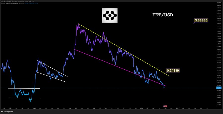 A TradingView price chart for FET/USD showing historical price action with descending trendlines and price levels marked at 3.33835 and 0.24319.