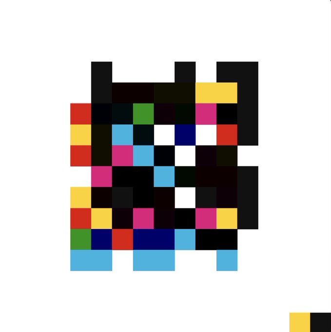 A pixelated character resembling a cat-like figure with bunny ears made of colorful squares on a white background.