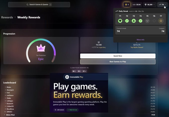 The image shows a computer screen displaying a website called Immutable Play, which offers gaming rewards for users who play games on their platform. The website has a purple background with white text that reads "Immutable Play" and "show streak đê ae này khả năng tui giữ được từ EPIC". The screen also shows the progress of a game, including the number of points earned by the player.