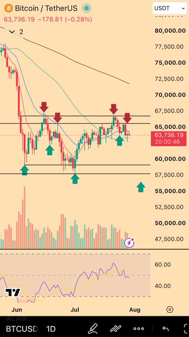 This is a Bitcoin/TetherUS chart showing BTC trading at 63,736.19, which aligns with the post's sentiment that "$BTC BTC is holding up great".