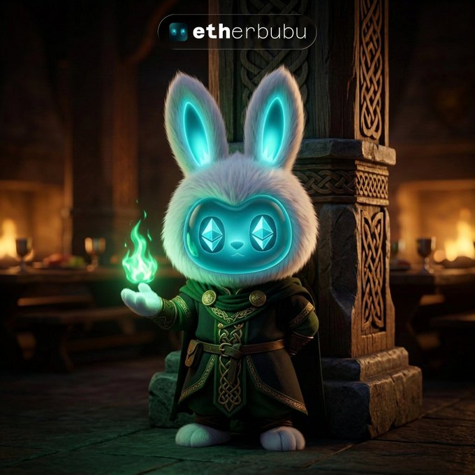 A glowing, fluffy NFT character called EtherBubu, depicted as a rabbit-like creature in medieval robes holding a green flame, is set in a dimly lit stone hall. The text "etherbubu" appears at the top, matching the post promoting a limited giveaway of 35 guaranteed spots for the EtherBubu NFT mint raffle.