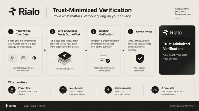 An infographic for Rialo explaining 'Trust-Minimized Verification' with four steps: You Provide Your Data, Zero-Knowledge Proofs Do the Work, Onchain Verification, and You Get Access, highlighting privacy, security, seamless access, and a fairer web.