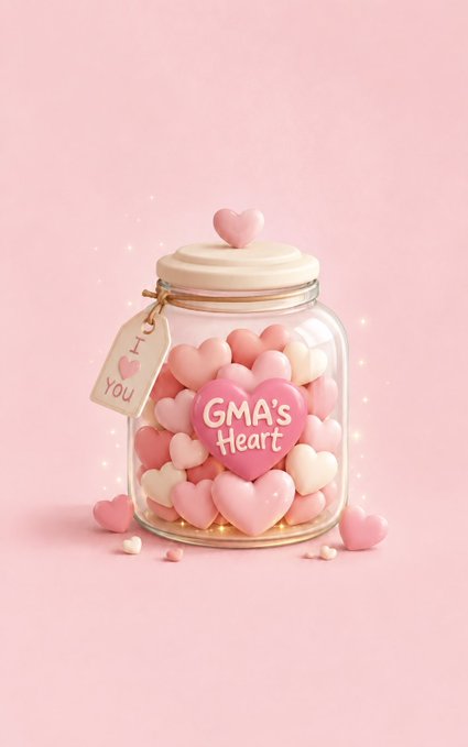 A glass jar filled with pink and white heart candies is labeled 'GMA'S Heart' on a pink background with a tag reading 'TO YOU'.