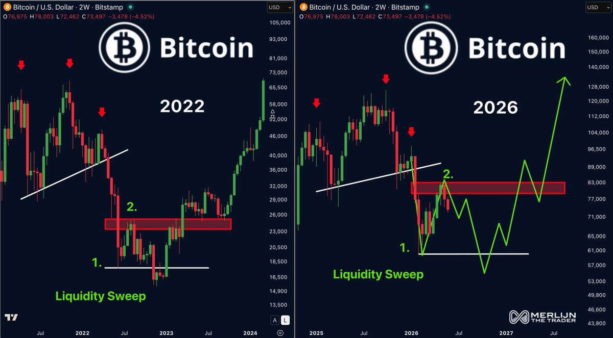The image shows two price charts for Bitcoin, one with a dark blue background showing a steep upward trend towards $17K, and another with a red background depicting a flat downward trajectory of prices that reached $73K around the same time. The post in question is titled "Binance Bitcoin", which hints at it being related to Bitcoin or cryptocurrency.