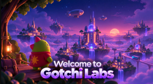 A vibrant fantasy illustration titled "Welcome to Gotchi Labs" featuring a small green creature character overlooking a magical floating castle city with waterfalls, airships, and a sunset sky.