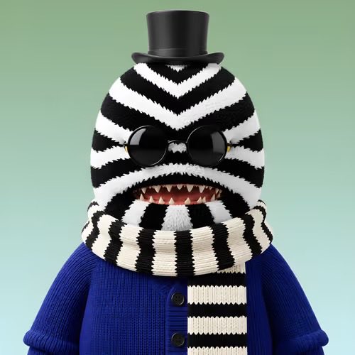 A whimsical character with a black-and-white striped egg-shaped head, round sunglasses, a top hat, a blue cardigan, and a striped scarf, set against a green-to-blue gradient background.
