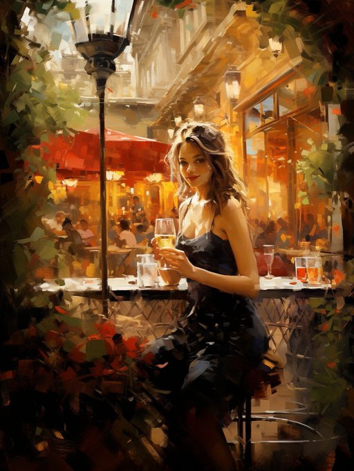 An impressionistic painting of a smiling woman with brown hair holding a glass of white wine, sitting at an outdoor cafe table in a warm, glowing setting.