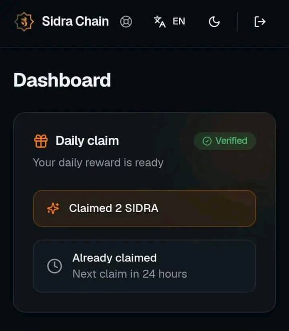 Sidra Chain dashboard showing a 'Daily claim' section with a verified badge, stating 'Claimed 2 SIDRA' and 'Already claimed - Next claim in 24 hours.'